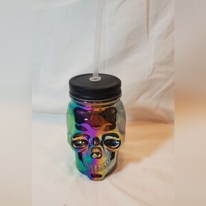 3D Skull Skeleton Iridescent Glass Travel Mug With Sippy Straw, 18 Oz